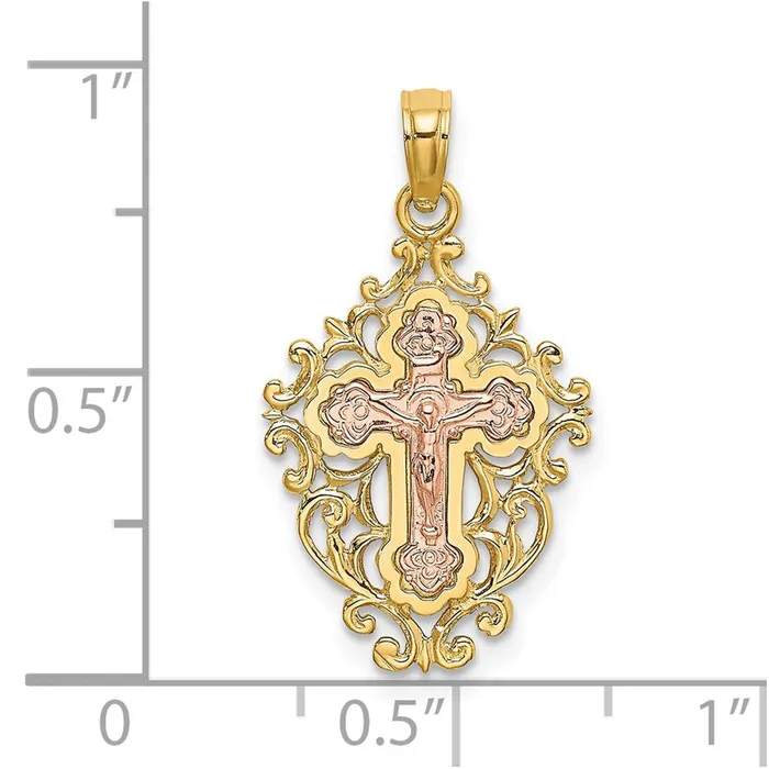 Charm Necklaces 14k Two Tone w Lace Trim Crucifix Charm TreasureFineJewelers