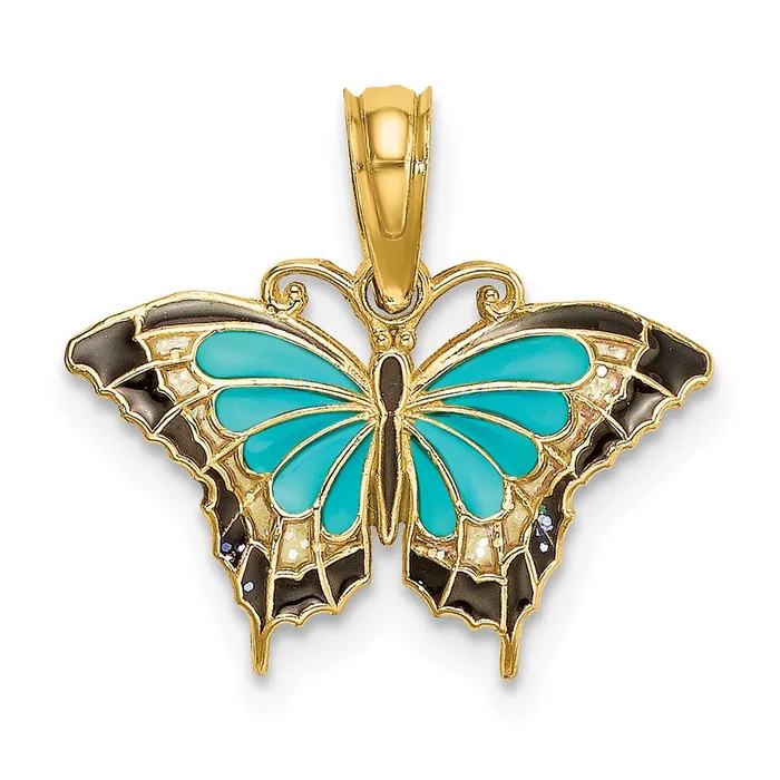 Charm Necklaces TreasureFineJewelers 14K Small Aqua Enameled Wings Butterfly Charm