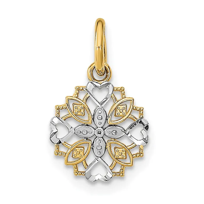 Charm Necklaces TreasureFineJewelers 14K wRhodium CutOut Heart Edge Flower Charm