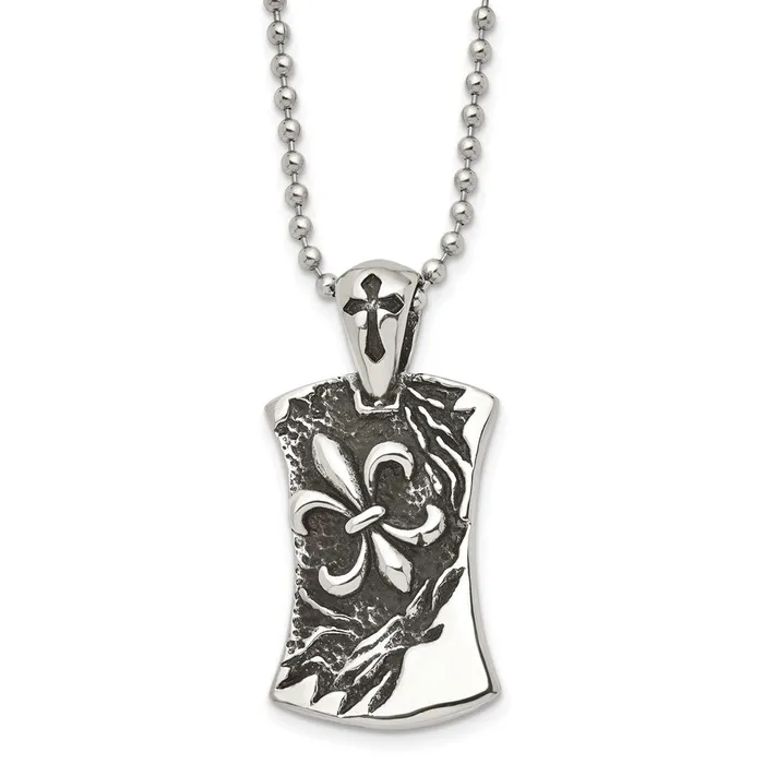 Chisel Stainless Steel Antiqued and Polished Fleur de lis Dog Tag on a 22 inch Ball Chain Necklace TreasureFineJewelers Necklaces