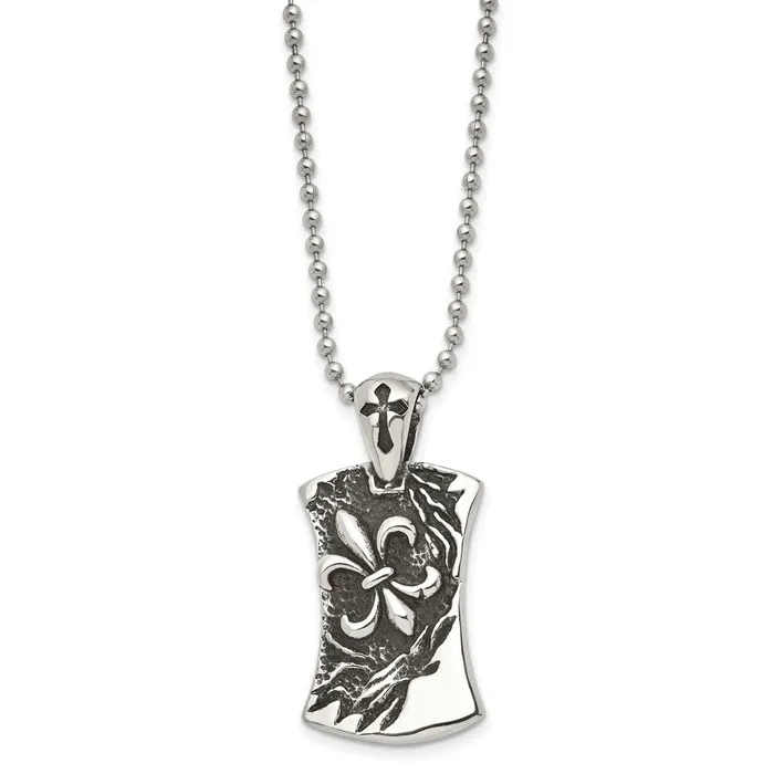 Chisel Stainless Steel Antiqued and Polished Fleur de lis Dog Tag on a 22 inch Ball Chain Necklace TreasureFineJewelers Necklaces