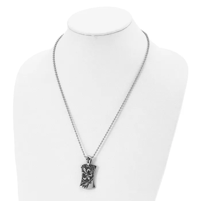 Chisel Stainless Steel Antiqued and Polished Fleur de lis Dog Tag on a 22 inch Ball Chain Necklace TreasureFineJewelers Necklaces