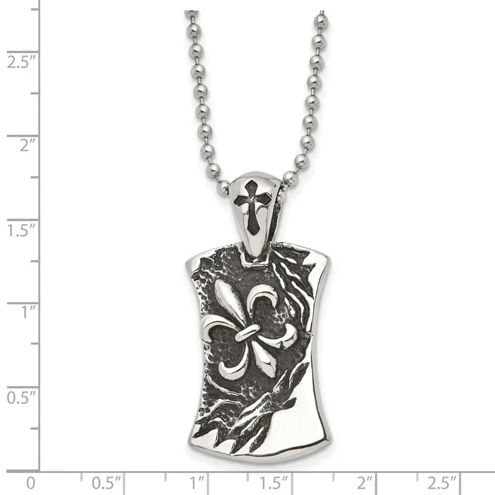 Chisel Stainless Steel Antiqued and Polished Fleur de lis Dog Tag on a 22 inch Ball Chain Necklace TreasureFineJewelers Necklaces
