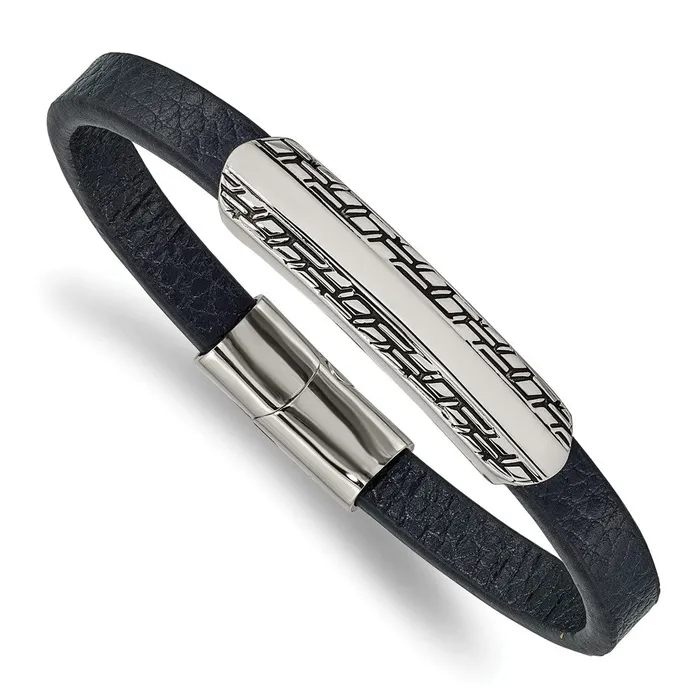 Chisel Stainless Steel Antiqued and Polished Navy Blue Leather 825 inch Bracelet TreasureFineJewelers Bracelets Chisel Stainless Steel Antiqued and Polished Navy Blue Leather 825 inch Bracelet TreasureFineJewelers Bracelets