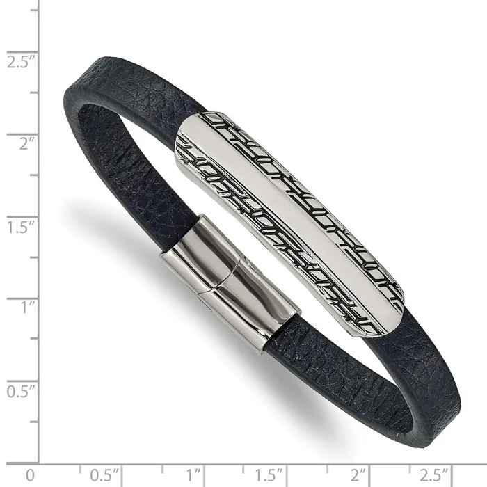 Chisel Stainless Steel Antiqued and Polished Navy Blue Leather 825 inch Bracelet TreasureFineJewelers Bracelets