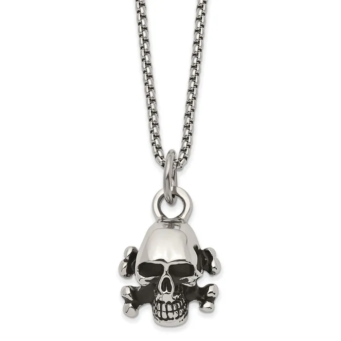Chisel Stainless Steel Antiqued and Polished Skull and Cross Bones Pendant on a 24 inch Box Chain Necklace TreasureFineJewelers Necklaces
