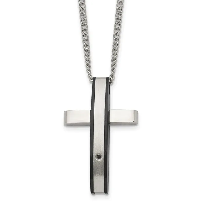 Chisel Stainless Steel Polished Black IPplated 01 carat Diamond Cross Pendant on a 24 inch Curb Chain Necklace TreasureFineJewelers Necklaces