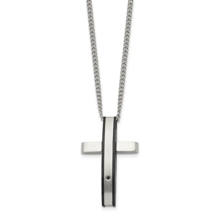 Chisel Stainless Steel Polished Black IPplated 01 carat Diamond Cross Pendant on a 24 inch Curb Chain Necklace TreasureFineJewelers Necklaces