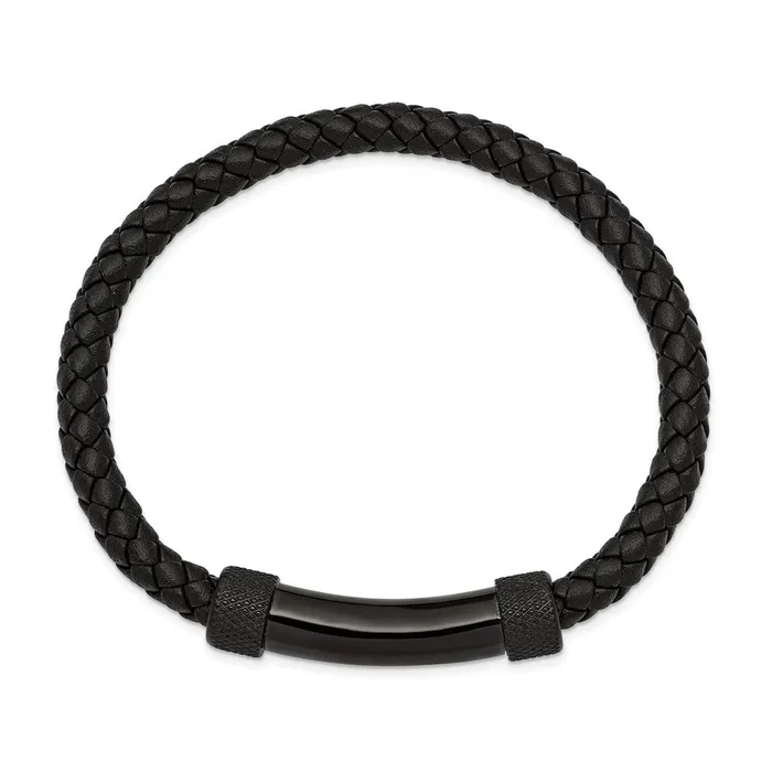 Chisel Stainless Steel Polished Black IPplated Black Braided Leather 825 inch Bracelet TreasureFineJewelers Bracelets