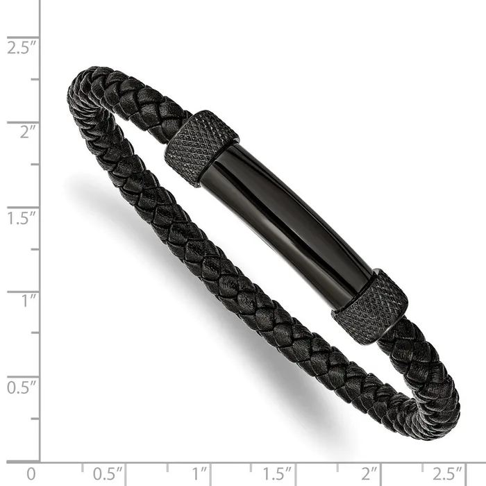Chisel Stainless Steel Polished Black IPplated Black Braided Leather 825 inch Bracelet TreasureFineJewelers Bracelets