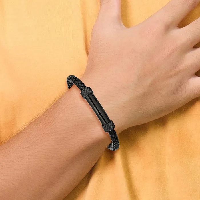 Chisel Stainless Steel Polished Black IPplated Black Braided Leather 825 inch Bracelet TreasureFineJewelers Bracelets