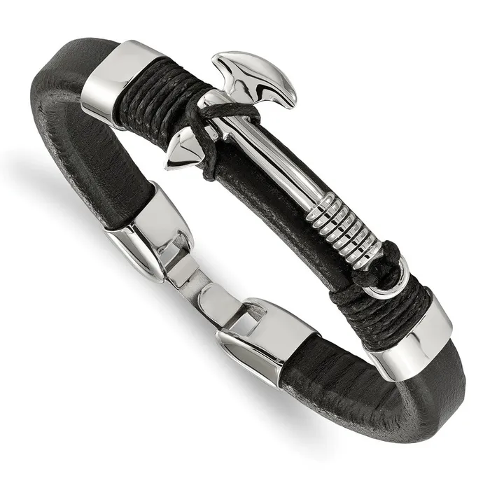 Chisel Stainless Steel Polished Hatchet Black Leather 85 inch Bracelet TreasureFineJewelers Bracelets Chisel Stainless Steel Polished Hatchet Black Leather 85 inch Bracelet TreasureFineJewelers Bracelets