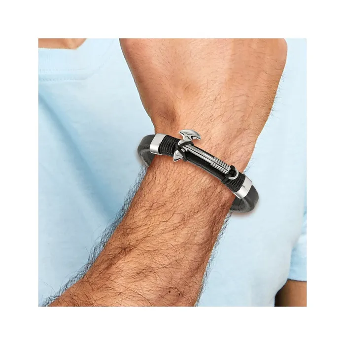 Chisel Stainless Steel Polished Hatchet Black Leather 85 inch Bracelet TreasureFineJewelers Bracelets