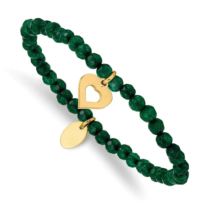 Chisel Stainless Steel Polished Yellow IPplated Heart 4mm Green Jade Beaded Stretch Bracelet TreasureFineJewelers Bracelets Chisel Stainless Steel Polished Yellow IPplated Heart 4mm Green Jade Beaded Stretch Bracelet TreasureFineJewelers Bracelets
