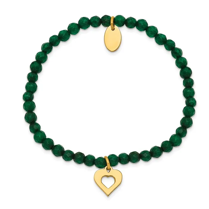 Chisel Stainless Steel Polished Yellow IPplated Heart 4mm Green Jade Beaded Stretch Bracelet TreasureFineJewelers Bracelets