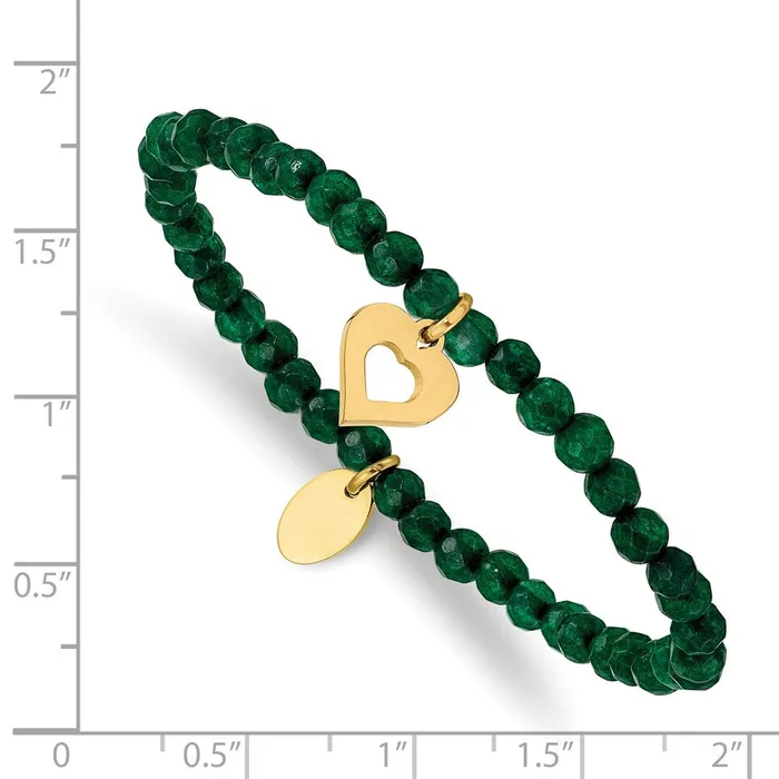 Chisel Stainless Steel Polished Yellow IPplated Heart 4mm Green Jade Beaded Stretch Bracelet TreasureFineJewelers Bracelets