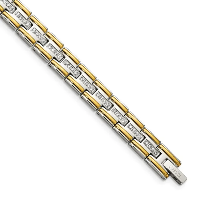 Chisel Stainless Steel Polished Yellow IPplated with CZ 85 inch Link Bracelet TreasureFineJewelers Bracelets Chisel Stainless Steel Polished Yellow IPplated with CZ 85 inch Link Bracelet TreasureFineJewelers Bracelets