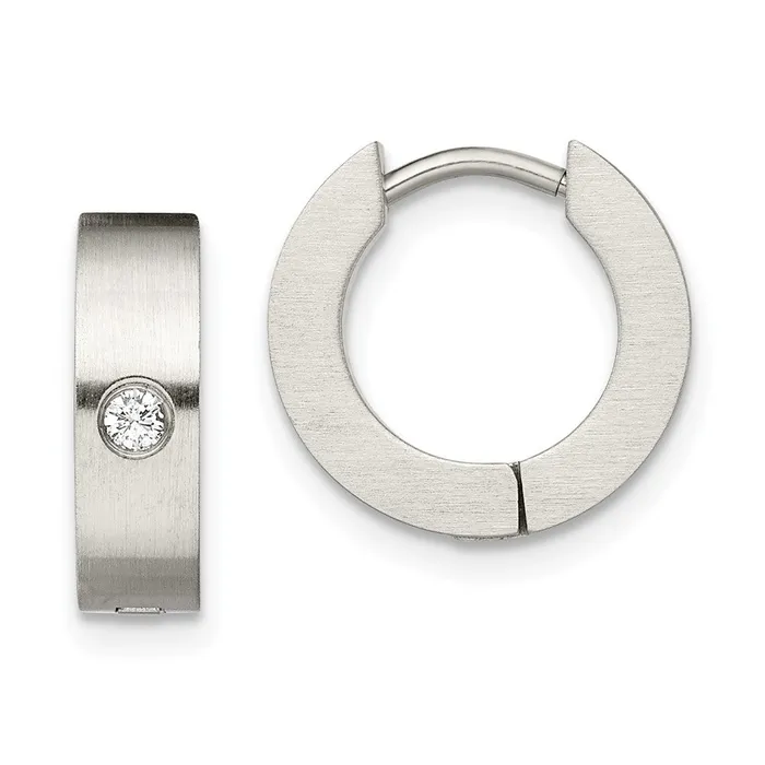 Earrings Stainless Steel Brushed wCZ 4mm Hinged Hoop Earrings TreasureFineJewelers Earrings Stainless Steel Brushed wCZ 4mm Hinged Hoop Earrings TreasureFineJewelers