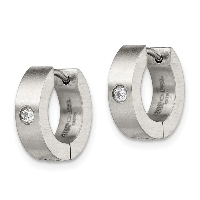 Earrings Stainless Steel Brushed wCZ 4mm Hinged Hoop Earrings TreasureFineJewelers
