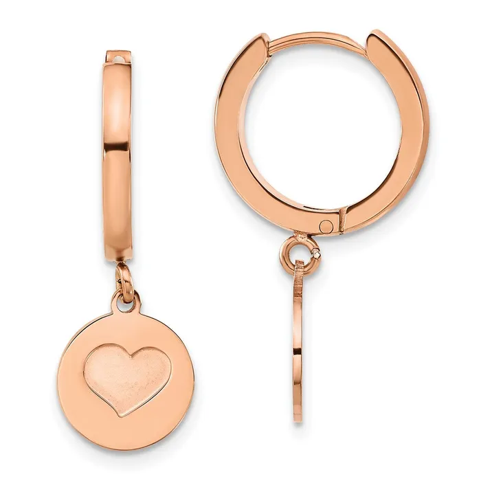 Earrings TreasureFineJewelers Stainless Steel Polished Rose IPplated Heart Dangle Hoop Earrings Earrings TreasureFineJewelers Stainless Steel Polished Rose IPplated Heart Dangle Hoop Earrings