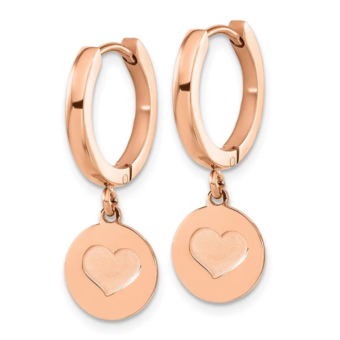 Earrings TreasureFineJewelers Stainless Steel Polished Rose IPplated Heart Dangle Hoop Earrings