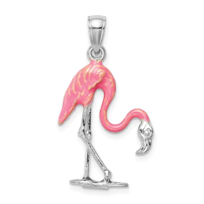 Necklaces 14K White Gold Enameled 3D Pink Flamingo Pendant TreasureFineJewelers