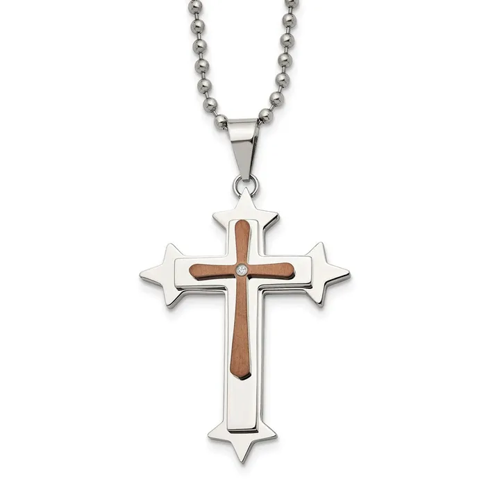 Necklaces Chisel Stainless Steel Polished Brown IPplated Diamond Accent Cross Pendant on a 24 inch Ball Chain Necklace TreasureFineJewelers