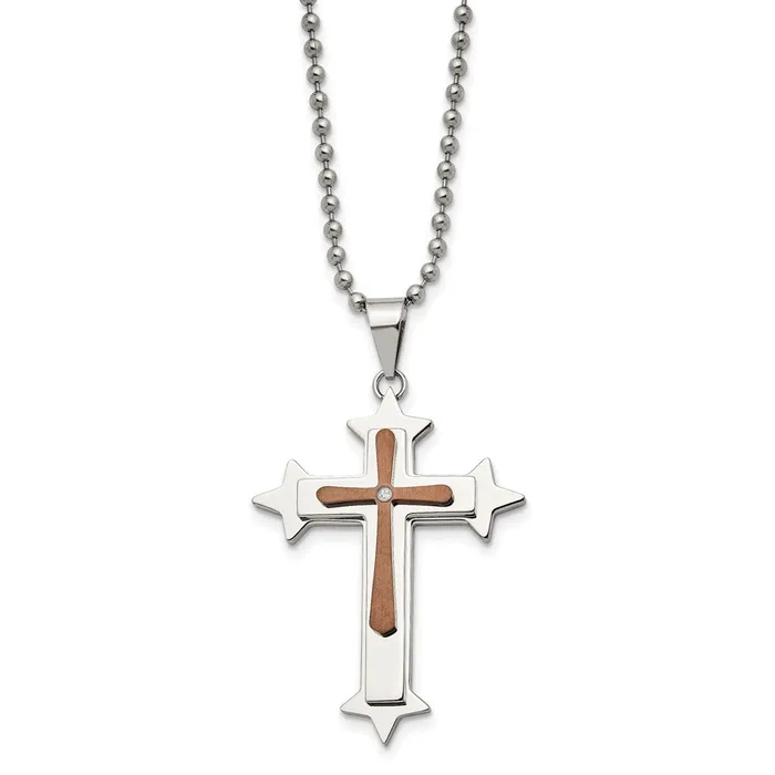Necklaces Chisel Stainless Steel Polished Brown IPplated Diamond Accent Cross Pendant on a 24 inch Ball Chain Necklace TreasureFineJewelers