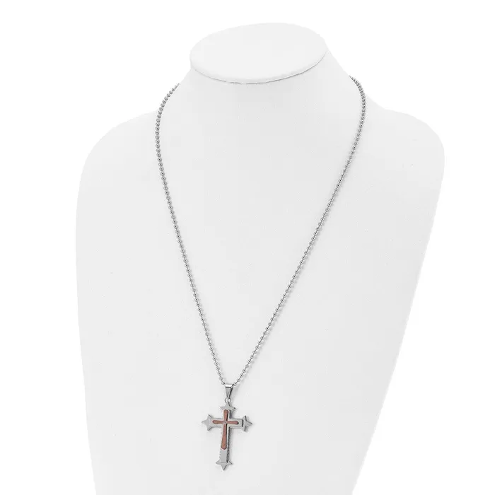 Necklaces Chisel Stainless Steel Polished Brown IPplated Diamond Accent Cross Pendant on a 24 inch Ball Chain Necklace TreasureFineJewelers