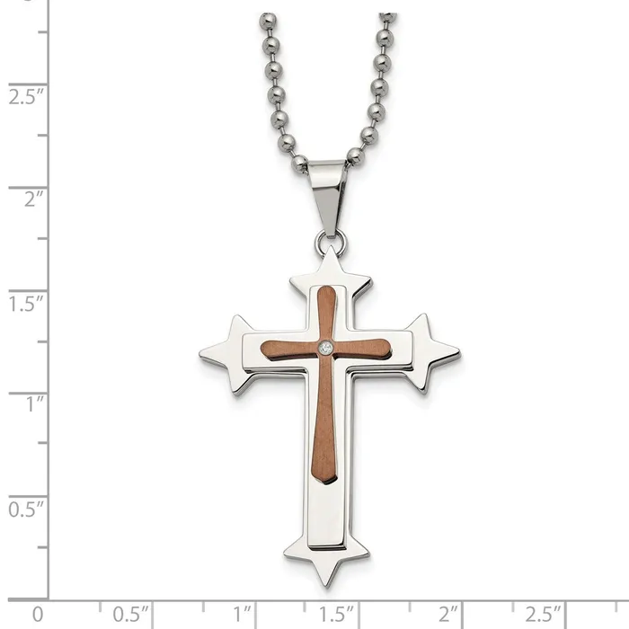 Necklaces Chisel Stainless Steel Polished Brown IPplated Diamond Accent Cross Pendant on a 24 inch Ball Chain Necklace TreasureFineJewelers