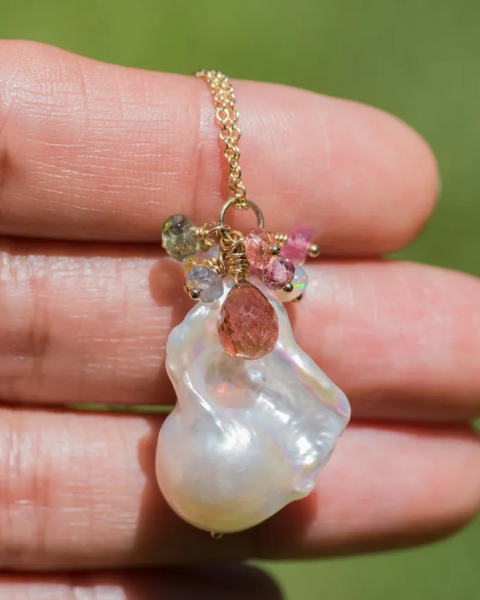 Necklaces Large Baroque Pearl Gemstone Cluster Chain Necklace Vida Jewelry Designs