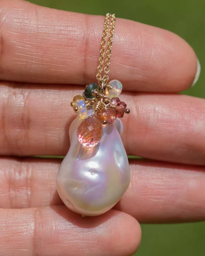 Necklaces Large Baroque Pearl Gemstone Cluster Chain Necklace Vida Jewelry Designs
