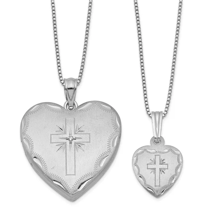 Necklaces Sterling Silver Rhodiumplated Satin DC 18in Diamond Cross Heart Locket Necklace 14in Cross Heart Pendant Necklace Set TreasureFineJewelers