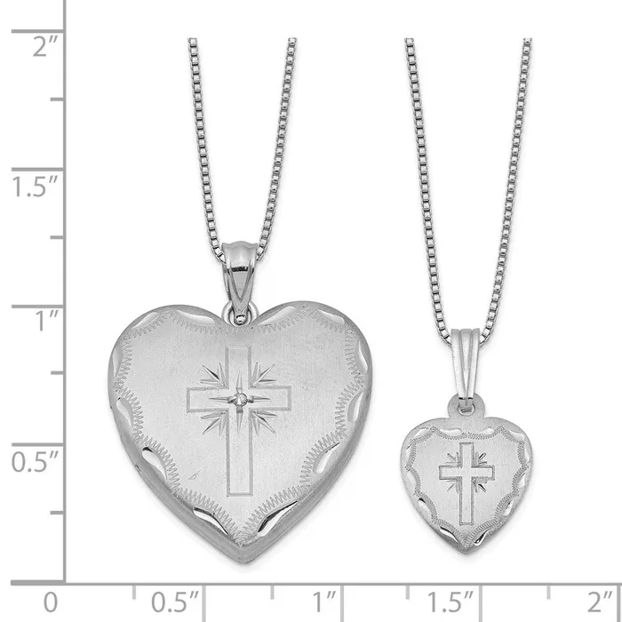 Necklaces Sterling Silver Rhodiumplated Satin DC 18in Diamond Cross Heart Locket Necklace 14in Cross Heart Pendant Necklace Set TreasureFineJewelers