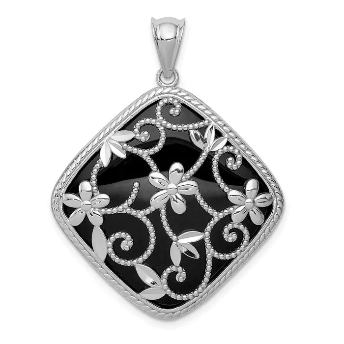 Necklaces Sterling Silver Rhodiumplated Textured and DC Onyx Pendant TreasureFineJewelers Necklaces Sterling Silver Rhodiumplated Textured and DC Onyx Pendant TreasureFineJewelers