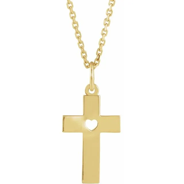 Necklaces TreasureFineJewelers 14K Yellow Pierced Heart Cross 15 Necklace