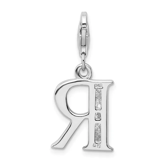 Necklaces TreasureFineJewelers Amore La Vita Sterling Silver Rhodiumplated Polished CZ Letter R Initial Charm with Fancy Lobster Clasp
