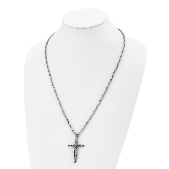 Necklaces TreasureFineJewelers Chisel Stainless Steel Antiqued and Polished INRI Crucifix Pendant on a 24 inch Cable Chain Necklace