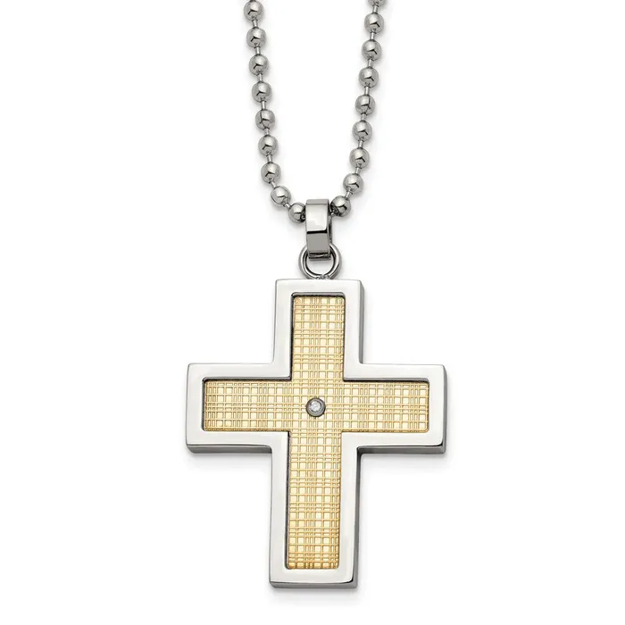 Necklaces TreasureFineJewelers Chisel Stainless Steel Polished with 18k Gold Accent 02 carat Diamond Cross Pendant on a 24 inch Ball Chain Necklace