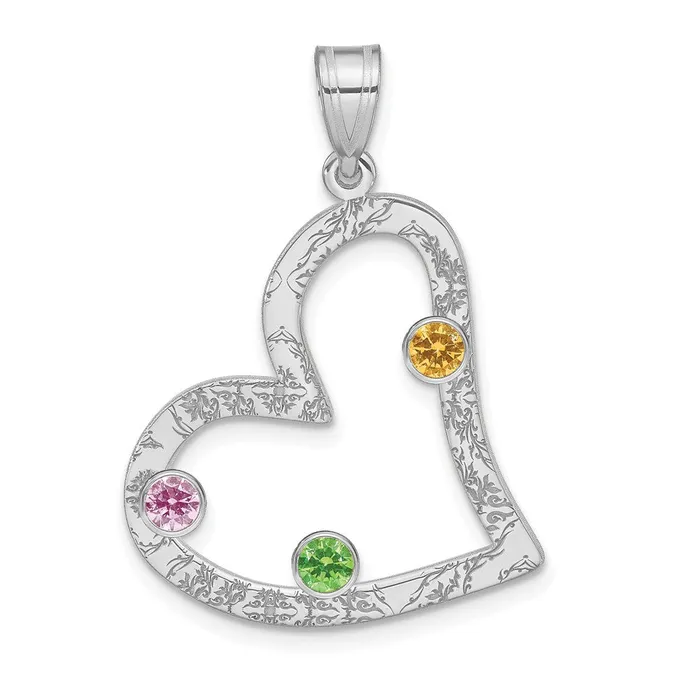 Necklaces TreasureFineJewelers SSRhodiumplated 3 Birthstone Heart with SS Bezel Family Pendant