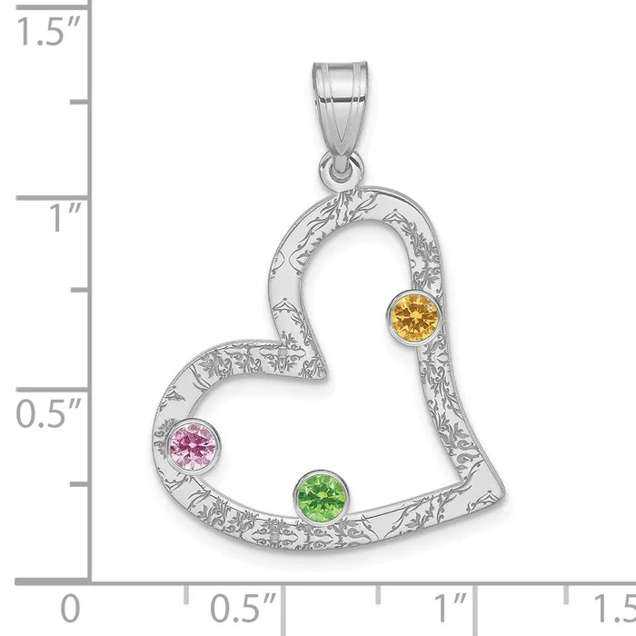 Necklaces TreasureFineJewelers SSRhodiumplated 3 Birthstone Heart with SS Bezel Family Pendant