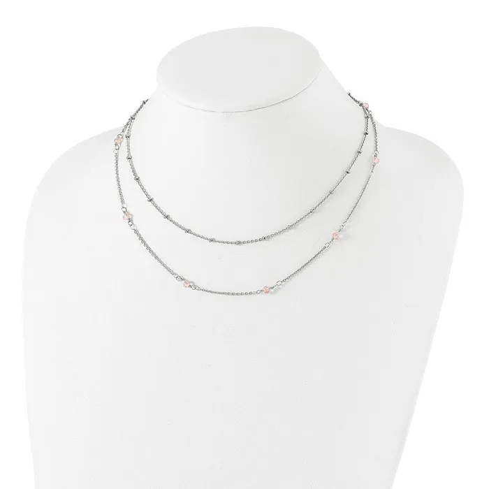 Necklaces TreasureFineJewelers Stainless Steel Polished 2Strand Pink Crystal Beaded w1in ext Necklace
