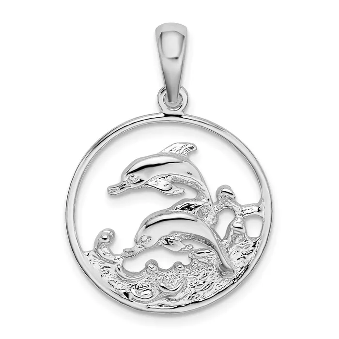 Necklaces TreasureFineJewelers Sterling Silver Polished Dolphins Swimming Oval Pendant Necklaces TreasureFineJewelers Sterling Silver Polished Dolphins Swimming Oval Pendant