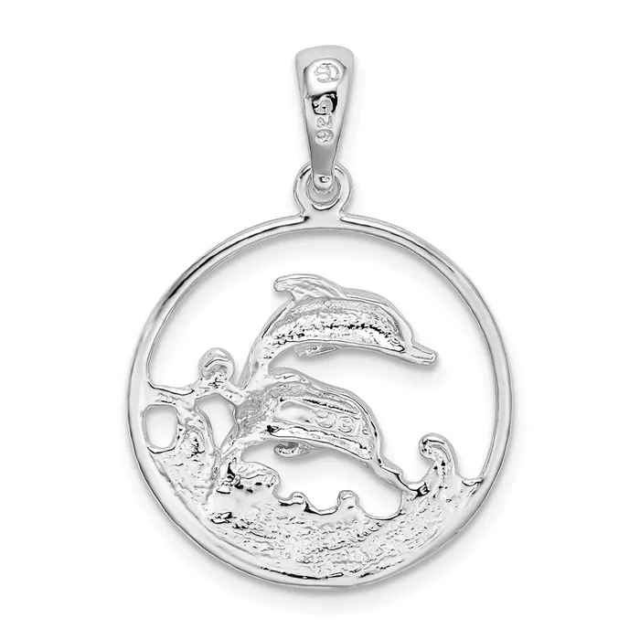 Necklaces TreasureFineJewelers Sterling Silver Polished Dolphins Swimming Oval Pendant