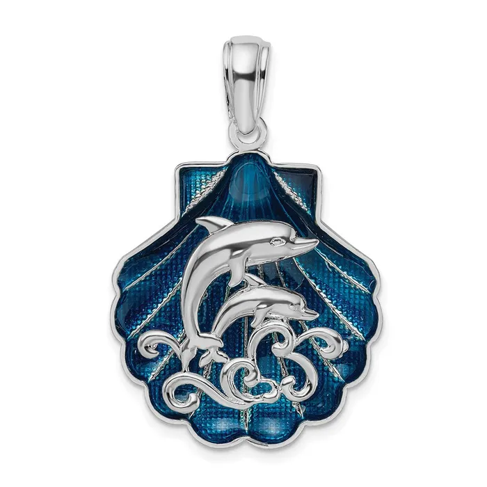 Necklaces TreasureFineJewelers Sterling Silver Polished Enameled Blue Shell wDolphins Pendant Necklaces TreasureFineJewelers Sterling Silver Polished Enameled Blue Shell wDolphins Pendant