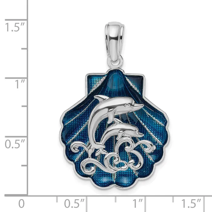 Necklaces TreasureFineJewelers Sterling Silver Polished Enameled Blue Shell wDolphins Pendant