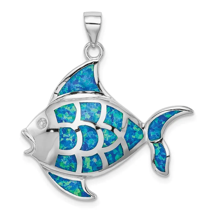 Necklaces TreasureFineJewelers Sterling Silver Rhodiumplated Created Blue Opal Fish Pendant Necklaces TreasureFineJewelers Sterling Silver Rhodiumplated Created Blue Opal Fish Pendant