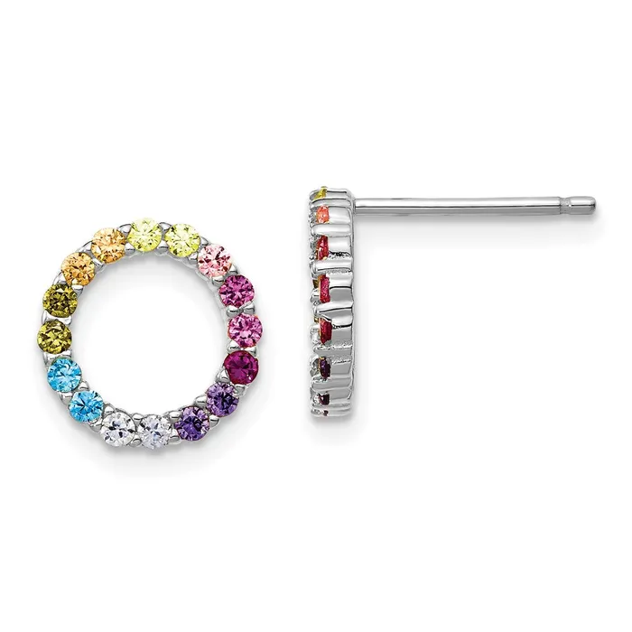 Prizma Sterling Silver Rhodiumplated Colorful CZ Open Circle Post Earrings TreasureFineJewelers Earrings