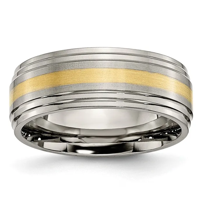 Rings Titanium Brushed Center w14k Yellow Gold Inlay 8mm Ridged Edge Band TreasureFineJewelers Rings Titanium Brushed Center w14k Yellow Gold Inlay 8mm Ridged Edge Band TreasureFineJewelers