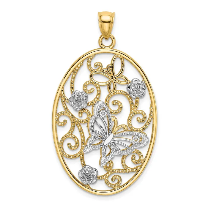 Rings TreasureFineJewelers 14k TwoTone wRhodium Butterfly and Flowers in Oval Frame Charm Rings TreasureFineJewelers 14k TwoTone wRhodium Butterfly and Flowers in Oval Frame Charm